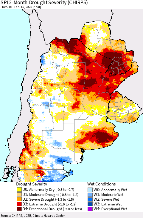 Southern South America SPI 2-Month Drought Severity (CHIRPS) Thematic Map For 12/16/2024 - 2/15/2025