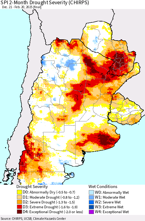 Southern South America SPI 2-Month Drought Severity (CHIRPS) Thematic Map For 12/21/2024 - 2/20/2025