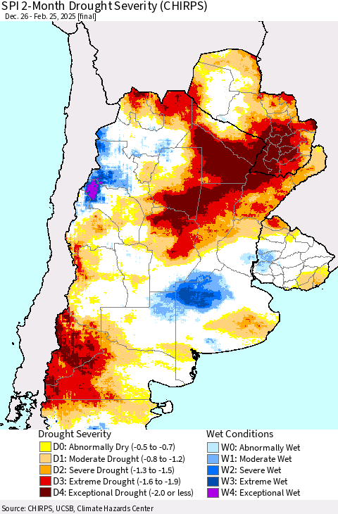 Southern South America SPI 2-Month Drought Severity (CHIRPS) Thematic Map For 12/26/2024 - 2/25/2025
