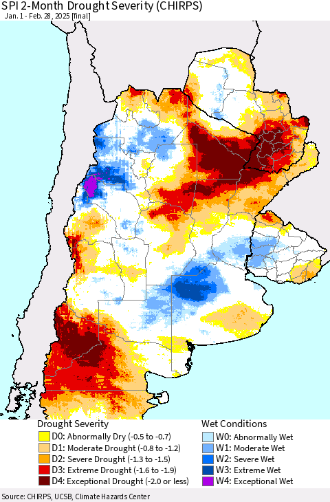 Southern South America SPI 2-Month Drought Severity (CHIRPS) Thematic Map For 1/1/2025 - 2/28/2025