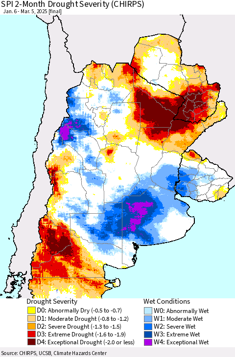 Southern South America SPI 2-Month Drought Severity (CHIRPS) Thematic Map For 1/6/2025 - 3/5/2025
