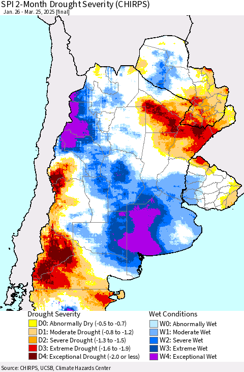Southern South America SPI 2-Month Drought Severity (CHIRPS) Thematic Map For 1/26/2025 - 3/25/2025