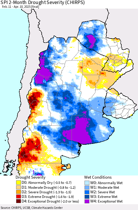 Southern South America SPI 2-Month Drought Severity (CHIRPS) Thematic Map For 2/11/2025 - 4/10/2025