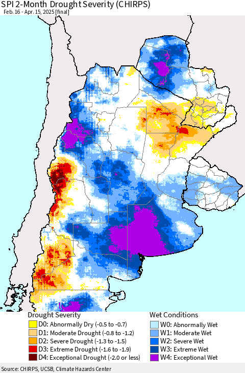 Southern South America SPI 2-Month Drought Severity (CHIRPS) Thematic Map For 2/16/2025 - 4/15/2025