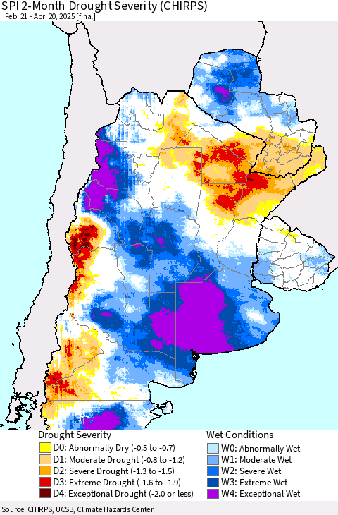 Southern South America SPI 2-Month Drought Severity (CHIRPS) Thematic Map For 2/21/2025 - 4/20/2025