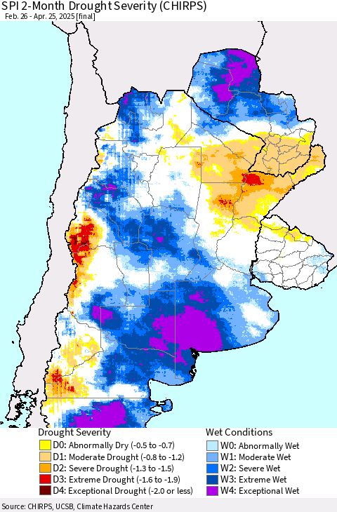 Southern South America SPI 2-Month Drought Severity (CHIRPS) Thematic Map For 2/26/2025 - 4/25/2025