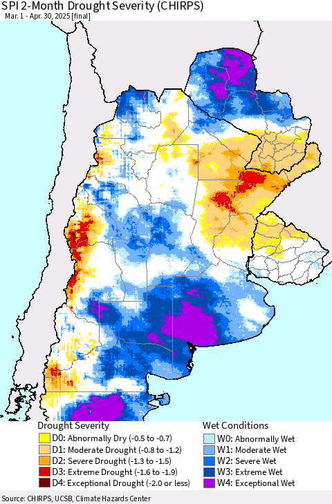 Southern South America SPI 2-Month Drought Severity (CHIRPS) Thematic Map For 3/1/2025 - 4/30/2025