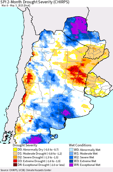 Southern South America SPI 2-Month Drought Severity (CHIRPS) Thematic Map For 3/6/2025 - 5/5/2025