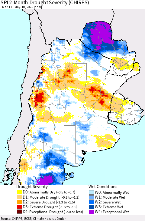 Southern South America SPI 2-Month Drought Severity (CHIRPS) Thematic Map For 3/11/2025 - 5/10/2025