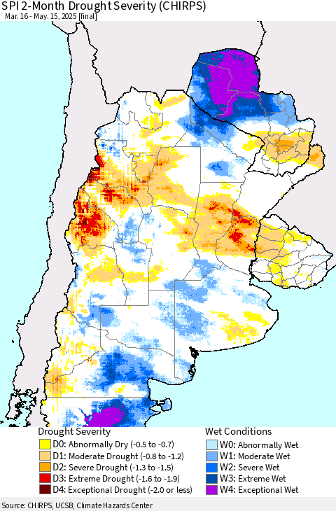 Southern South America SPI 2-Month Drought Severity (CHIRPS) Thematic Map For 3/16/2025 - 5/15/2025