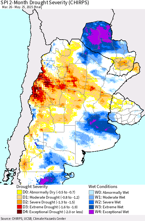 Southern South America SPI 2-Month Drought Severity (CHIRPS) Thematic Map For 3/26/2025 - 5/25/2025