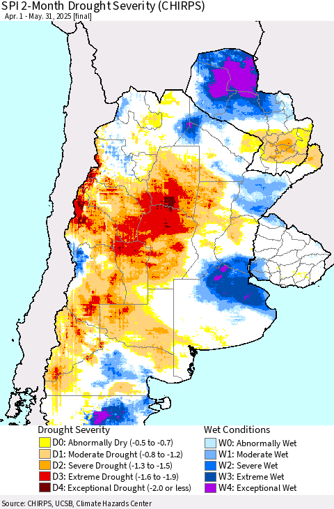 Southern South America SPI 2-Month Drought Severity (CHIRPS) Thematic Map For 4/1/2025 - 5/31/2025