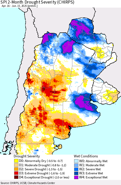 Southern South America SPI 2-Month Drought Severity (CHIRPS) Thematic Map For 4/16/2025 - 6/15/2025