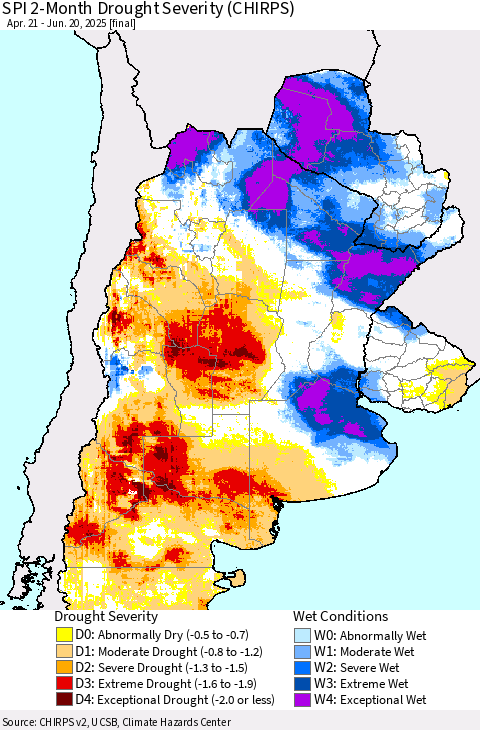 Southern South America SPI 2-Month Drought Severity (CHIRPS) Thematic Map For 4/21/2025 - 6/20/2025