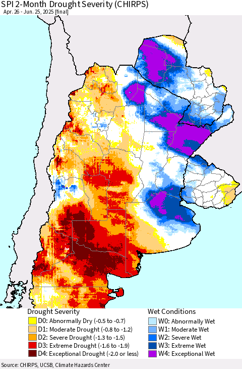 Southern South America SPI 2-Month Drought Severity (CHIRPS) Thematic Map For 4/26/2025 - 6/25/2025