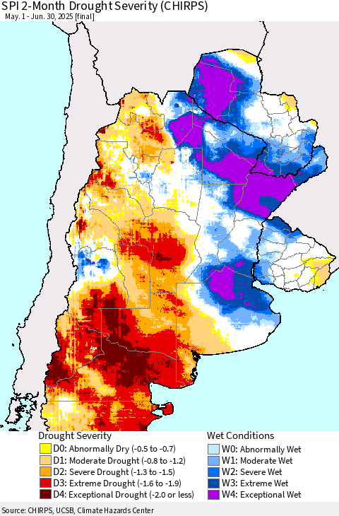 Southern South America SPI 2-Month Drought Severity (CHIRPS) Thematic Map For 5/1/2025 - 6/30/2025