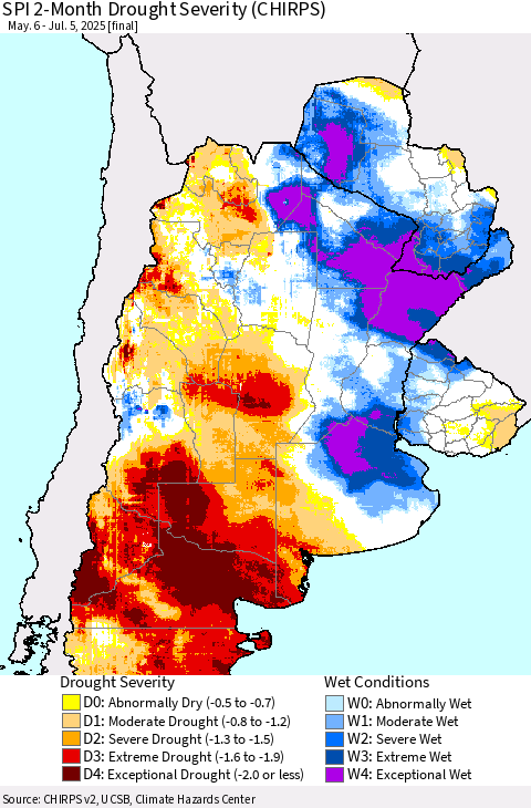 Southern South America SPI 2-Month Drought Severity (CHIRPS) Thematic Map For 5/6/2025 - 7/5/2025