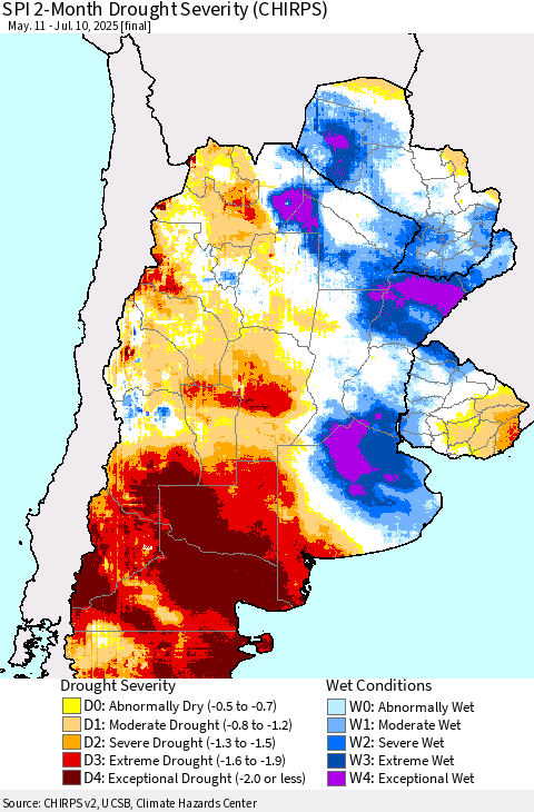 Southern South America SPI 2-Month Drought Severity (CHIRPS) Thematic Map For 5/11/2025 - 7/10/2025