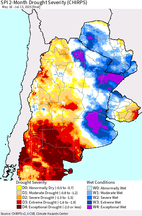 Southern South America SPI 2-Month Drought Severity (CHIRPS) Thematic Map For 5/16/2025 - 7/15/2025