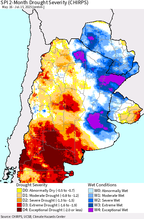 Southern South America SPI 2-Month Drought Severity (CHIRPS) Thematic Map For 5/16/2025 - 7/15/2025