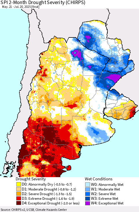 Southern South America SPI 2-Month Drought Severity (CHIRPS) Thematic Map For 5/21/2025 - 7/20/2025