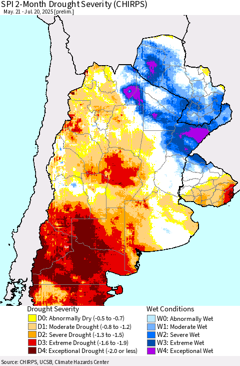 Southern South America SPI 2-Month Drought Severity (CHIRPS) Thematic Map For 5/21/2025 - 7/20/2025