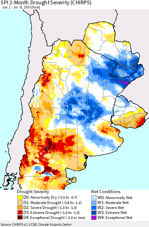 Southern South America SPI 2-Month Drought Severity (CHIRPS) Thematic Map For 6/1/2025 - 7/31/2025