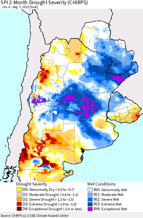 Southern South America SPI 2-Month Drought Severity (CHIRPS) Thematic Map For 6/6/2025 - 8/5/2025