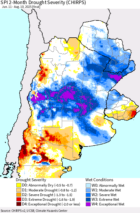 Southern South America SPI 2-Month Drought Severity (CHIRPS) Thematic Map For 6/11/2025 - 8/10/2025