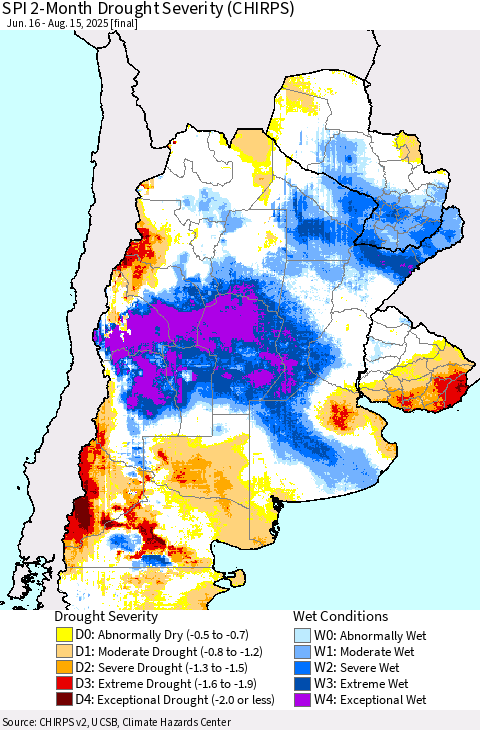 Southern South America SPI 2-Month Drought Severity (CHIRPS) Thematic Map For 6/16/2025 - 8/15/2025