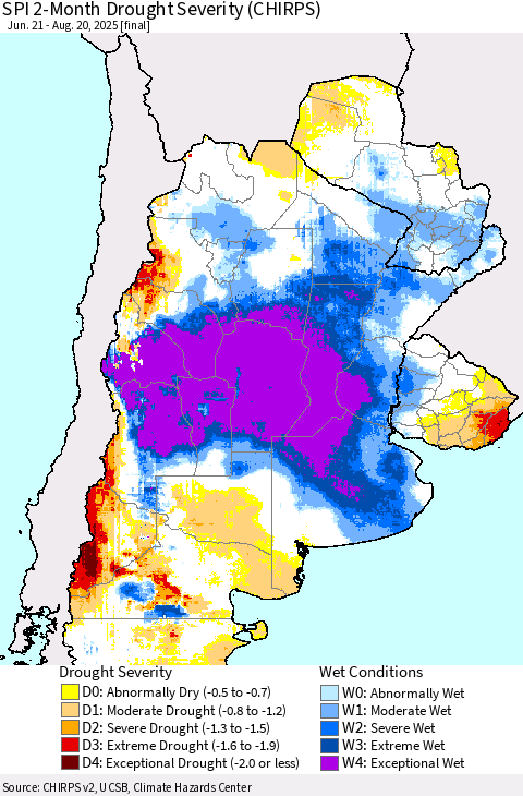 Southern South America SPI 2-Month Drought Severity (CHIRPS) Thematic Map For 6/21/2025 - 8/20/2025