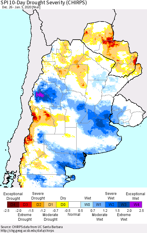 Southern South America SPI 10-Day Drought Severity (CHIRPS) Thematic Map For 12/26/2019 - 1/5/2020