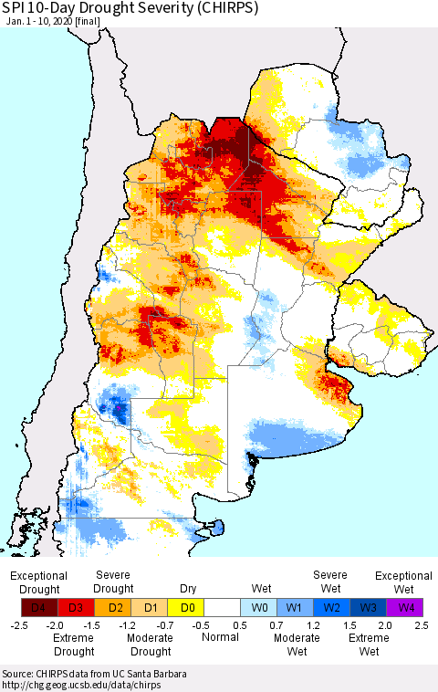 Southern South America SPI 10-Day Drought Severity (CHIRPS) Thematic Map For 1/1/2020 - 1/10/2020