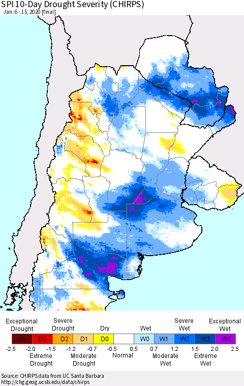 Southern South America SPI 10-Day Drought Severity (CHIRPS) Thematic Map For 1/6/2020 - 1/15/2020
