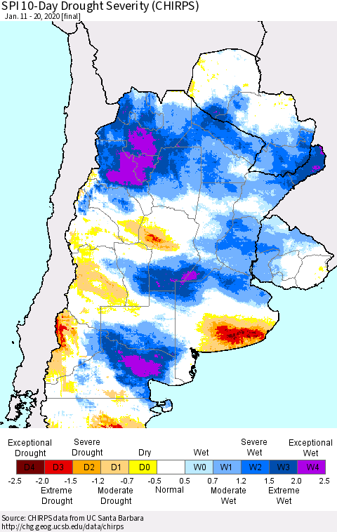 Southern South America SPI 10-Day Drought Severity (CHIRPS) Thematic Map For 1/11/2020 - 1/20/2020