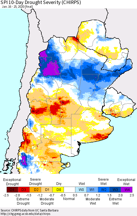 Southern South America SPI 10-Day Drought Severity (CHIRPS) Thematic Map For 1/16/2020 - 1/25/2020