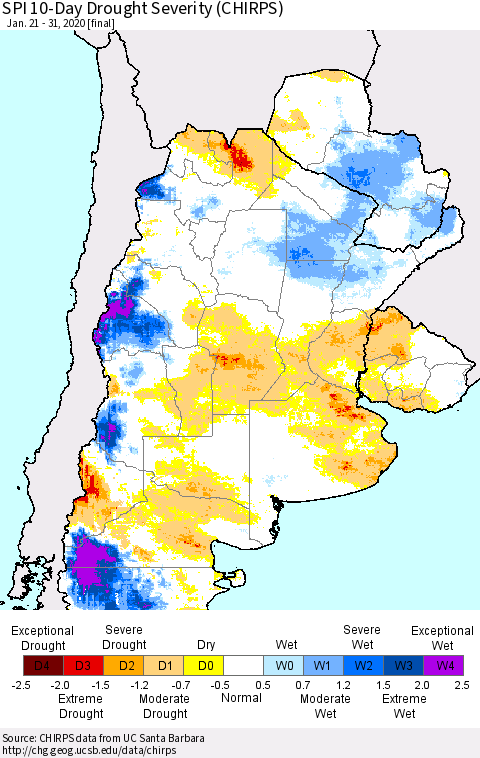 Southern South America SPI 10-Day Drought Severity (CHIRPS) Thematic Map For 1/21/2020 - 1/31/2020
