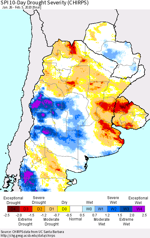 Southern South America SPI 10-Day Drought Severity (CHIRPS) Thematic Map For 1/26/2020 - 2/5/2020