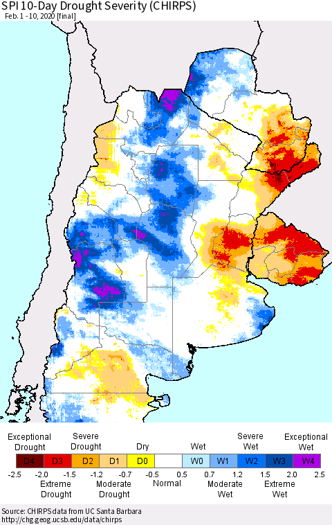 Southern South America SPI 10-Day Drought Severity (CHIRPS) Thematic Map For 2/1/2020 - 2/10/2020
