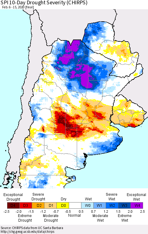Southern South America SPI 10-Day Drought Severity (CHIRPS) Thematic Map For 2/6/2020 - 2/15/2020