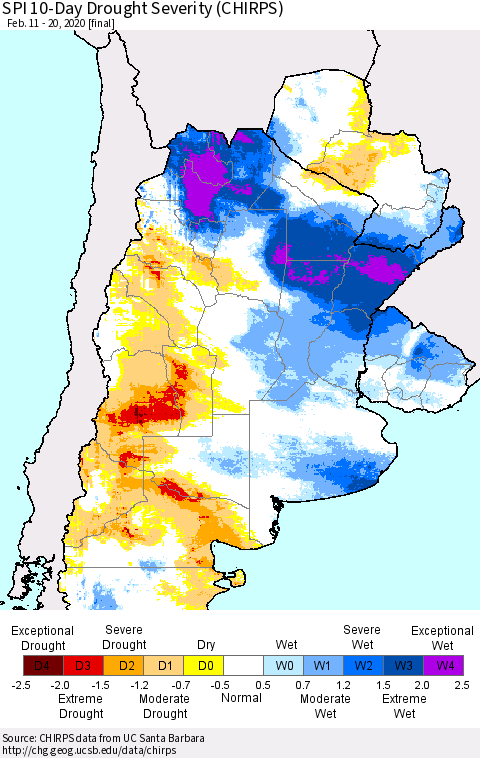 Southern South America SPI 10-Day Drought Severity (CHIRPS) Thematic Map For 2/11/2020 - 2/20/2020