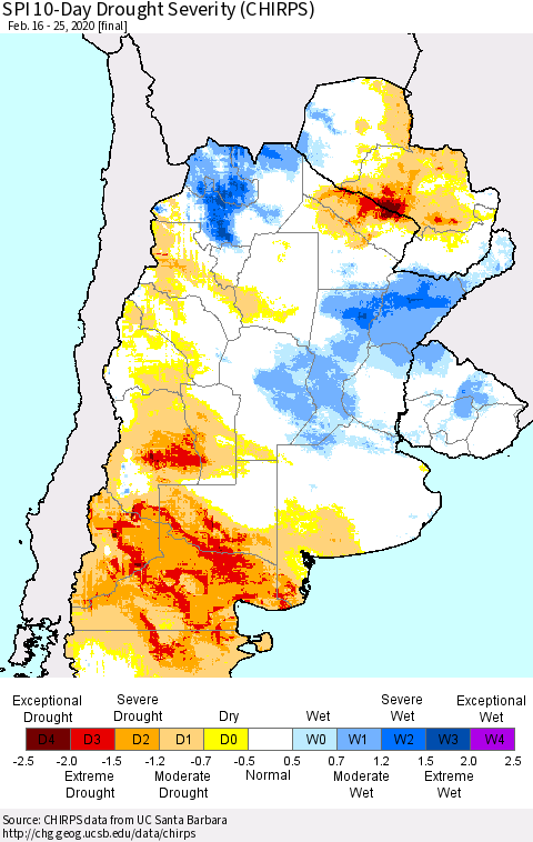 Southern South America SPI 10-Day Drought Severity (CHIRPS) Thematic Map For 2/16/2020 - 2/25/2020