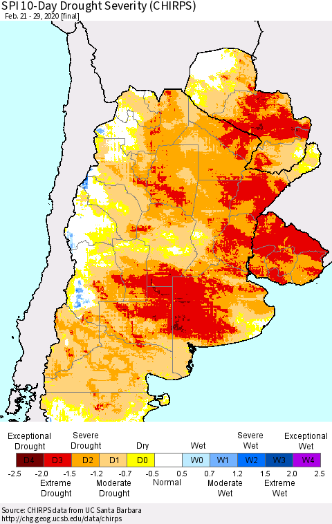 Southern South America SPI 10-Day Drought Severity (CHIRPS) Thematic Map For 2/21/2020 - 2/29/2020