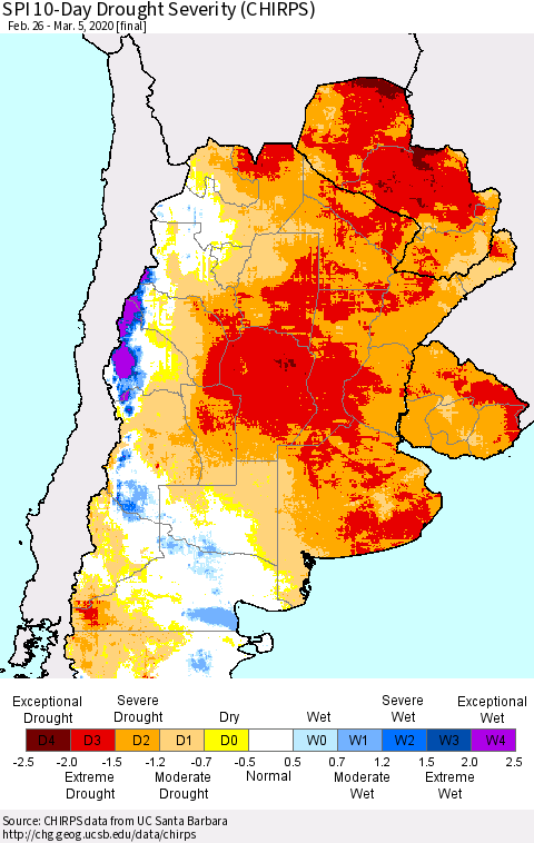 Southern South America SPI 10-Day Drought Severity (CHIRPS) Thematic Map For 2/26/2020 - 3/5/2020