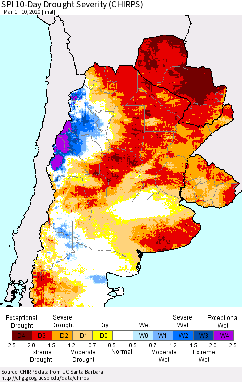Southern South America SPI 10-Day Drought Severity (CHIRPS) Thematic Map For 3/1/2020 - 3/10/2020