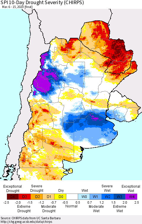 Southern South America SPI 10-Day Drought Severity (CHIRPS) Thematic Map For 3/6/2020 - 3/15/2020