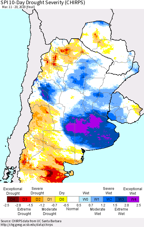 Southern South America SPI 10-Day Drought Severity (CHIRPS) Thematic Map For 3/11/2020 - 3/20/2020