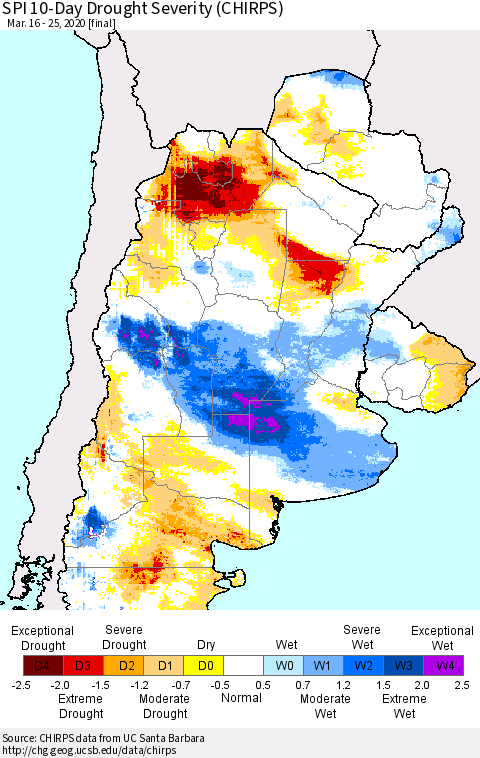 Southern South America SPI 10-Day Drought Severity (CHIRPS) Thematic Map For 3/16/2020 - 3/25/2020