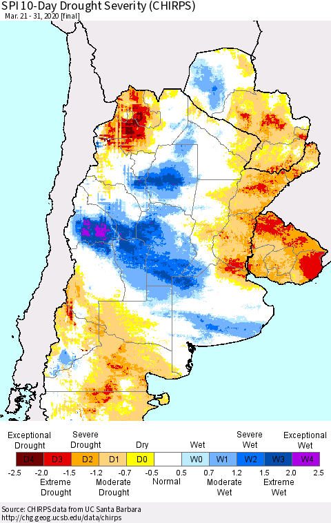 Southern South America SPI 10-Day Drought Severity (CHIRPS) Thematic Map For 3/21/2020 - 3/31/2020