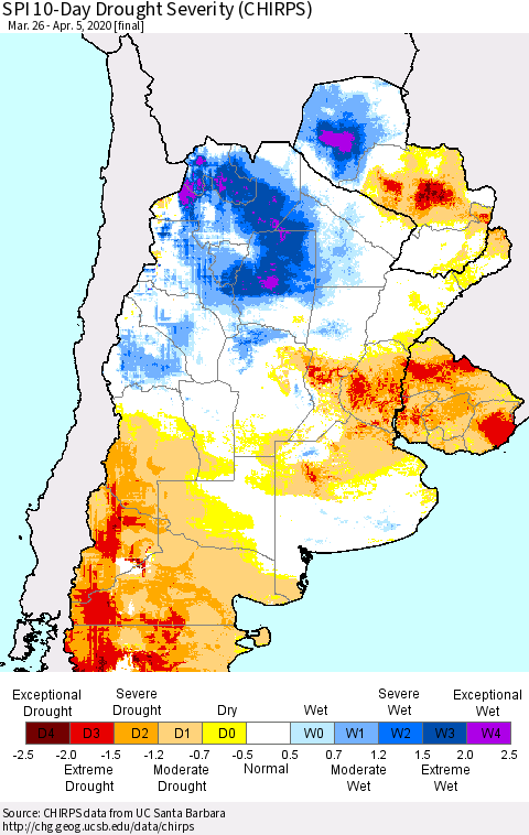 Southern South America SPI 10-Day Drought Severity (CHIRPS) Thematic Map For 3/26/2020 - 4/5/2020